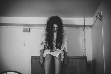 Portrait of asian woman make up ghost,Scary horror scene for background,Halloween festival...