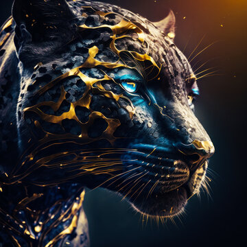 Digital image of jaguar with blue eyes. Generative AI.