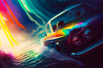Colorful image of car in the ocean. Generative AI.