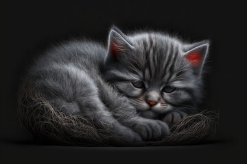 A tiny grey kitten sleeps in the shadows. Generative AI