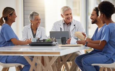 Medical research, planning. or funny doctors in meeting for a strategy working in hospital for healthcare. Happy smile, teamwork or nurses laughing talking or speaking of innovation or ideas together