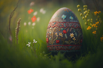 Latvian easter egg in the meadow. Generative AI.
