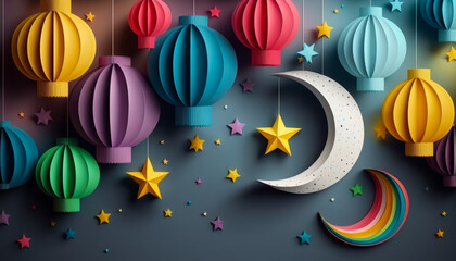 Colorful paper lanterns with stars, moon and crescent on dark background. Generative AI.