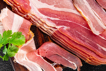 bacon strips slice smoked lard meat meal food snack on the table copy space food background rustic...