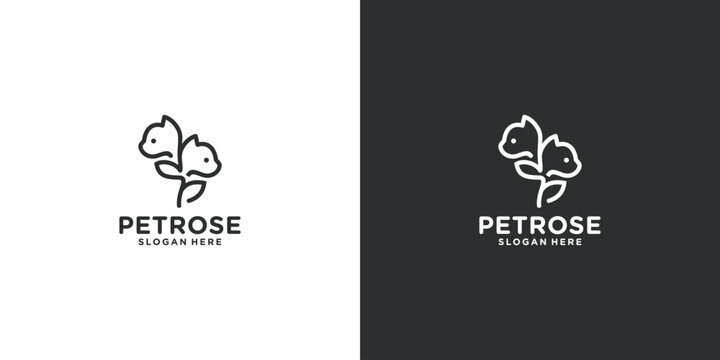 dog and rose flower logo design. rose flower and white cat pet care concept elements. linear style symbol vector illustration.