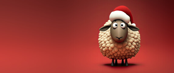 Cute Cartoon Sheep Character in a Santa hat for Christmas Banner with Space for Copy (Created with Generative AI)