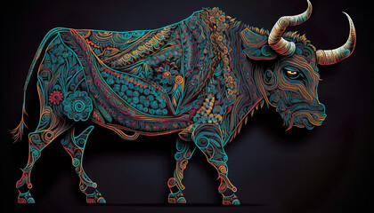 Fototapeta premium abstract ornate colorful bull on the dark background, generative ai