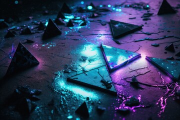 Cosmological, futuristic science fiction Vibrant Neon Colors in Purple and Blue Grungy Triangle Lights VIbrant Electric Floor Tiles Modern Laser Illustration created digitally. Generative AI