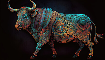 Obraz premium abstract ornate colorful bull on the dark background, generative ai