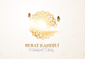 Berat Kandili, vector banner Berat Kandiliniz Kutlu Olsun Muslim holiday, feast. Translation: berat Kandil is one of the five Islamic holy nights