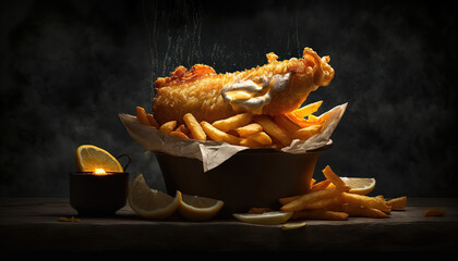 fish and chips on dark background, generative ai