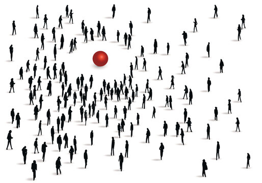 Concept de la curiosité humaine pour le mystère, avec des personnes attirés par une étrange boule rouge, symbolisant une énigme.