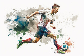 Fototapeta na wymiar Watercolor image of soccer player kicking the ball. Generative AI.