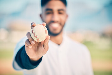 Baseball field, portrait and pitcher holding ball on match or game day on a sports ground or pitch...