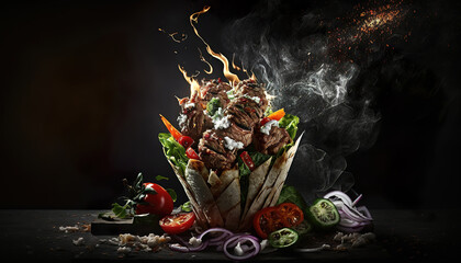 Fototapeta na wymiar gyros kebab dürüm döner on dark background, generative ai
