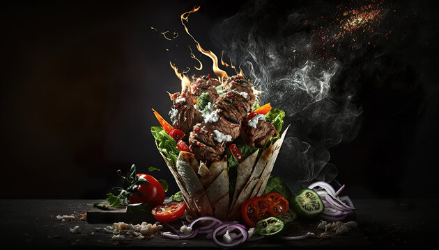gyros kebab dürüm döner on dark background, generative ai