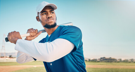 Baseball focus, athlete and fitness of a professional player from Dominican Republic outdoor. Sport...
