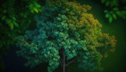  a green tree with yellow leaves in the dark night sky, viewed from above, with a green background and a black area to the left.  generative ai