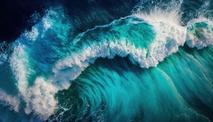  an aerial view of the ocean waves with a blue sky in the background and white foamy waves in the foreground, with a black background of the ocean.  generative ai