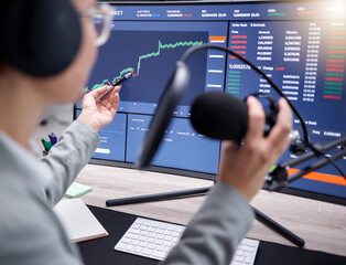 Stock market podcast, microphone and digital graph of investment growth with radio presenter....