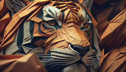 Abstract animals, Tiger Head Made of Wrinkled Paper Texture, Generative AI