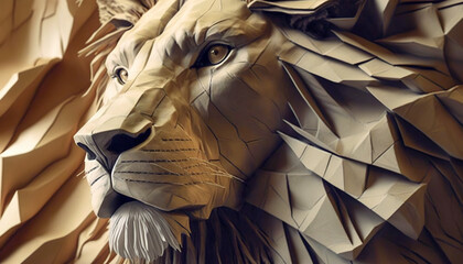 Abstract animals, Lion Head Made of Wrinkled Paper Texture, Generative AI