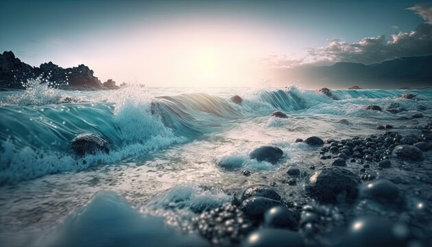 a picture of the ocean with waves crashing on the rocks and the sun in the distance with clouds in the sky and a few rocks in the foreground.  generative ai