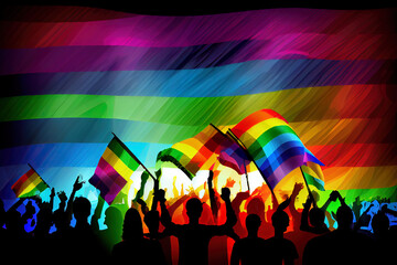 Gay pride parade, people having fun at equality march or lgbt gay parade, illustration, AI generated