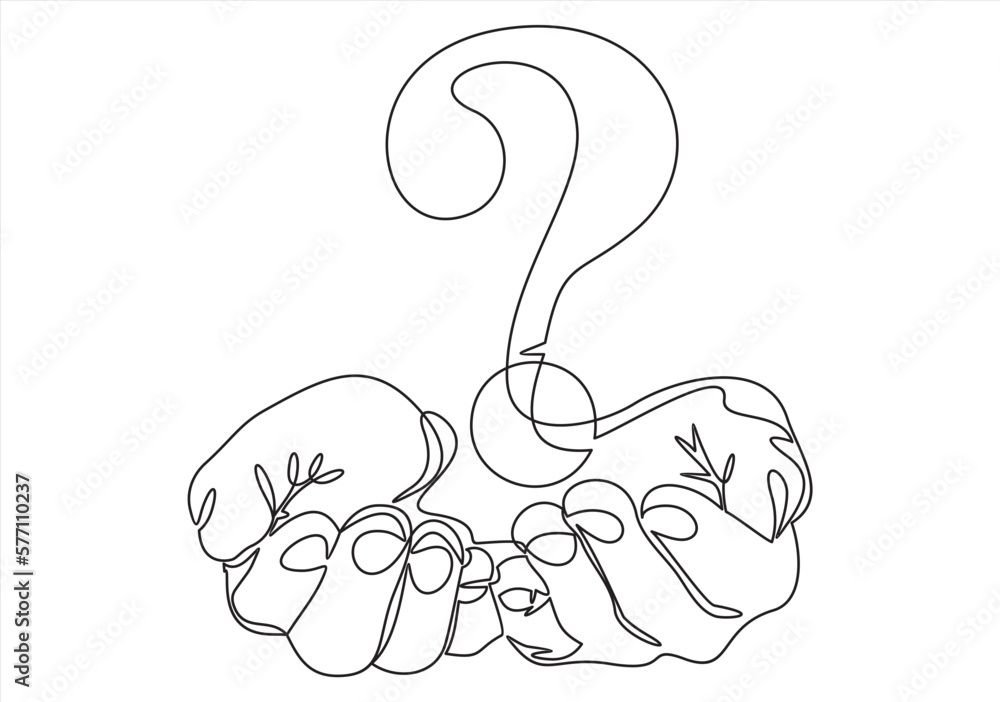 Poster hands holds question mark one line art, hand drawn asking sign, idea continuous contour. query faq c