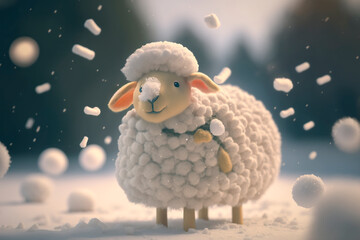 Obraz premium Joyful and Cute Sheep Having Fun in the Snow During a Frosty Winter