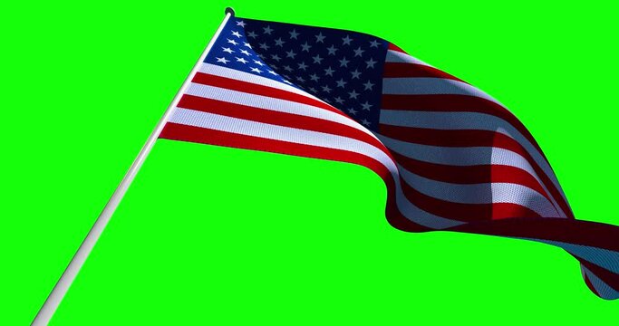 Waving in the wind US flag. The texture of the fabric. 3D render. Green chromakey