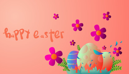 Happy Easter banner. Easter design with typography, eggs, bunny ears, in vibrant pastel colors. Modern minimal style. Horizontal poster, greeting card, header for website