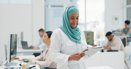 Office, business and muslim woman on tablet for research, internet browsing or social media....