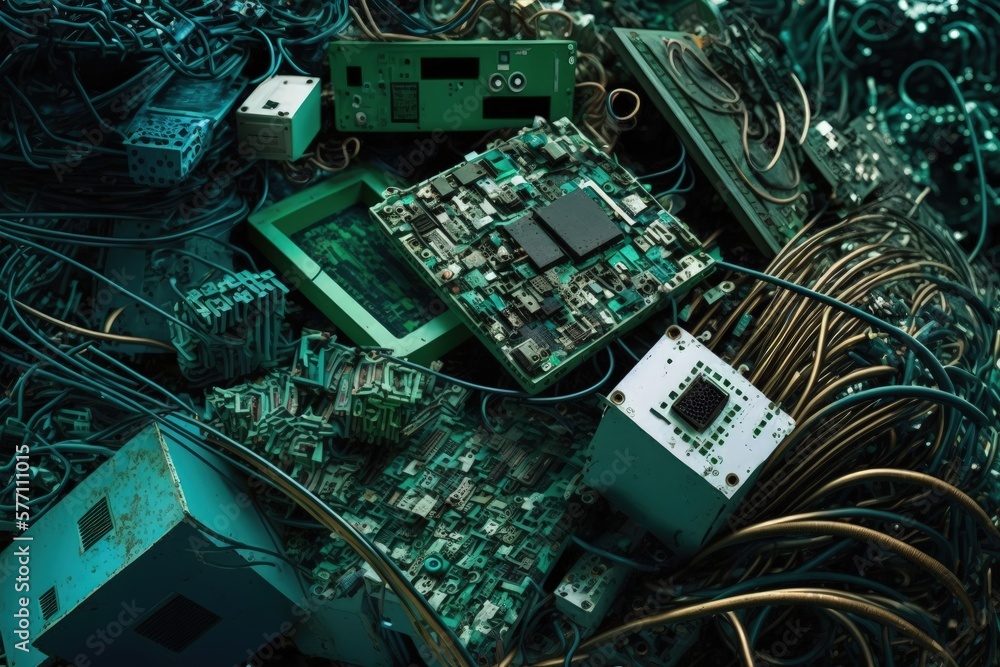 Poster tons of electrical components and computer circuit boards for reuse or recycling. pcs, computer moth