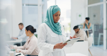Office, business and muslim woman on tablet for research, internet browsing or social media....