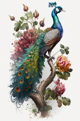 watercolor peacock on a branch with flowers, white background, generative AI  finalized in Photoshop by me 