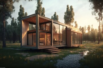 Small Modern Rectangular House In Forest. AI Generated. 3D Illustration.