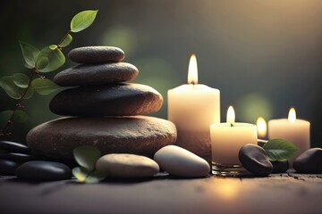 Obraz na płótnie Canvas Spa and health concept with candle and stones in nature background. Generative AI