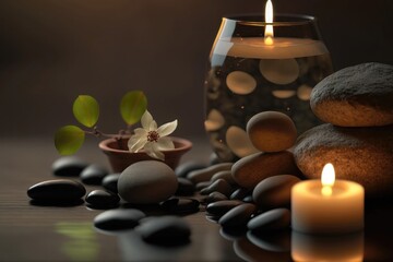 Spa and health concept with candle and stones in nature background. Generative AI