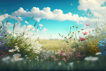 spring meadow with flowers and butterflies, generative ai