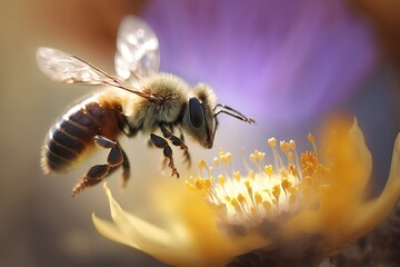 abeille en train de récolter du pollen - macro - generative ai - obrazy, fototapety, plakaty