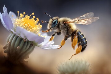 abeille en train de récolter du pollen - macro - generative ai - obrazy, fototapety, plakaty