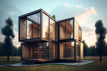Small Modern House Of An Amazing Shape Of Different Squares. AI Generated. 3D Illustration.