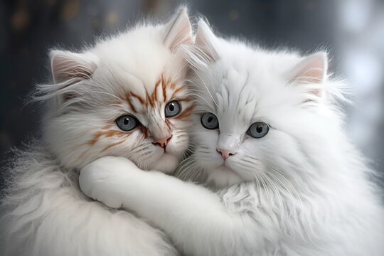 Two cute white meows hug together snow background. Generative AI