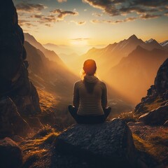Young woman practicing yoga in mountains at sunset. Harmony, meditation, healthy lifestyle, relaxation, yoga, self care, mindfulness concept - obrazy, fototapety, plakaty