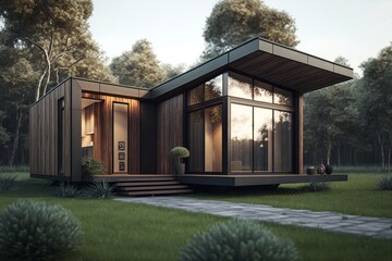 Modern House In Forest For Recreation. AI Generated. 3D Illustration.