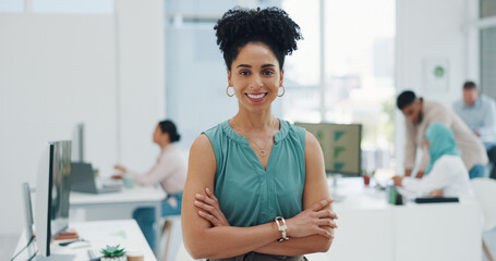 Black woman, smile and corporate portrait for business success, leadership motivation and confident...