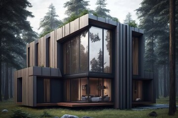 Small Modern House In Forest. AI Generated. 3D Illustration.