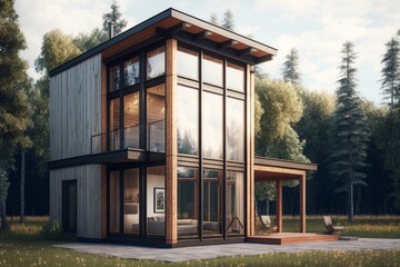 Small Modern Rectangular House In Forest. AI Generated. 3D Illustration.