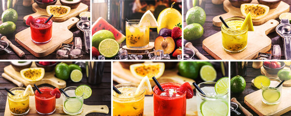 Fototapeta na wymiar Composite for social networks of Brazilian drink, caipirinha, typical brazilian drink made with lemon or tropical fruits, cachaça and sugar
